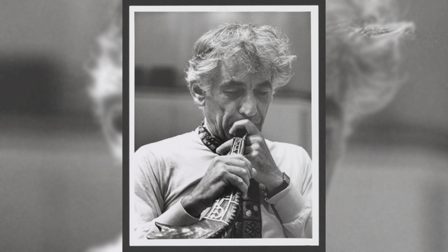 Leonard Bernstein playing a shofar during rehearsal for Mass at the Kennedy Center, September 1971